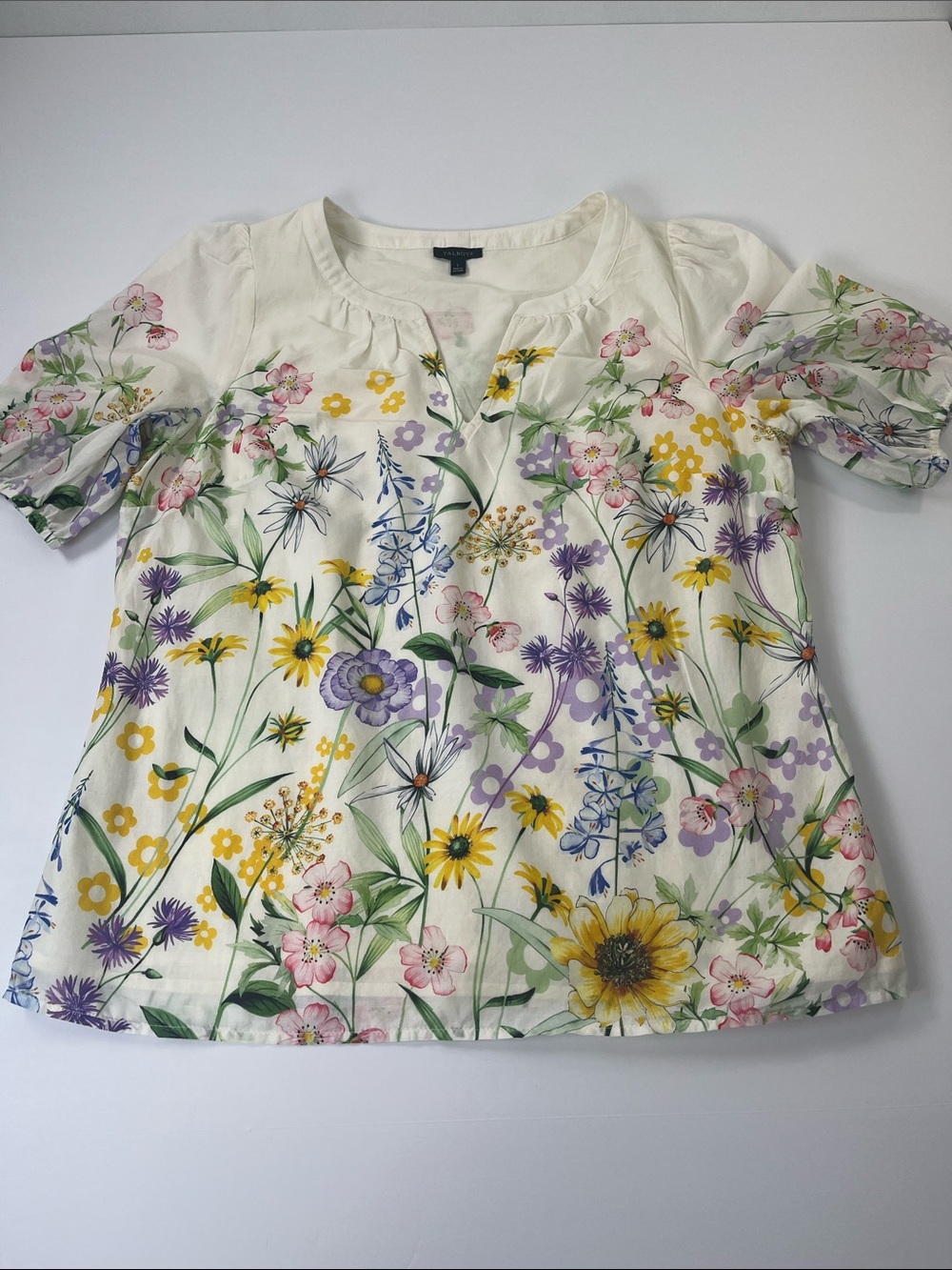 Talbots Cotton Floral Puff Sleeve Top in Cream with Yellow & Purple Print Sz S